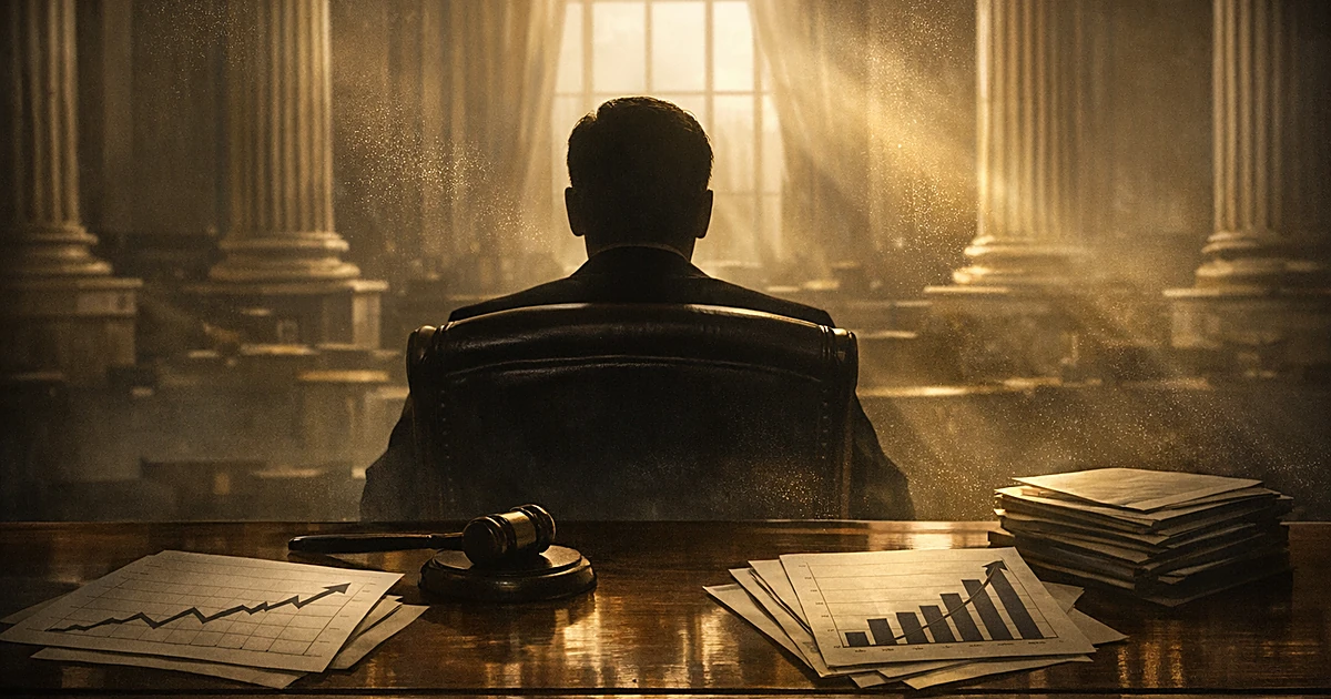 Silhouetted figure at desk in columned chamber with economic charts showing rising trends and a gavel