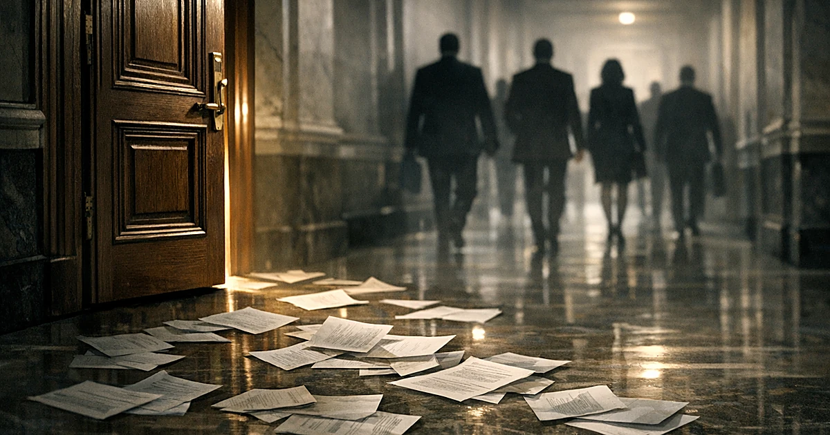 Open door with scattered papers on marble floor as silhouetted figures walk away down empty corridor
