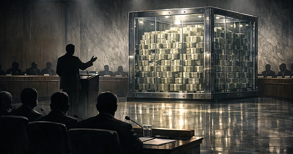 Silhouetted figures in committee room with large transparent vault of money at center during tense legislative debate