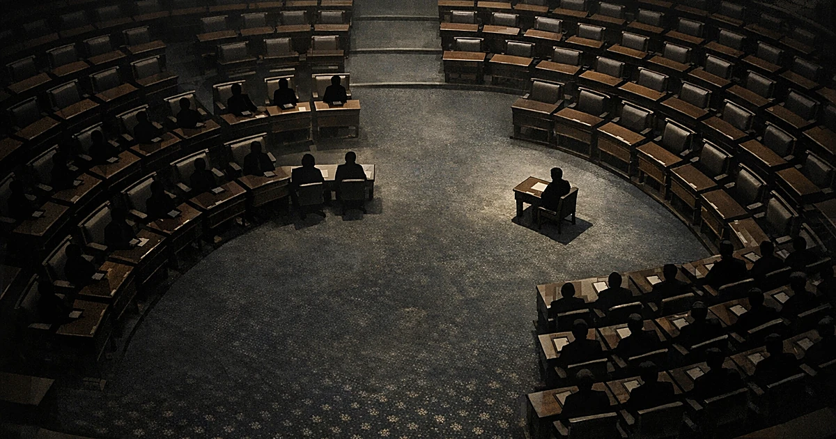 Overhead view of semicircular legislative chamber with isolated seats representing the close 49-50 Senate vote