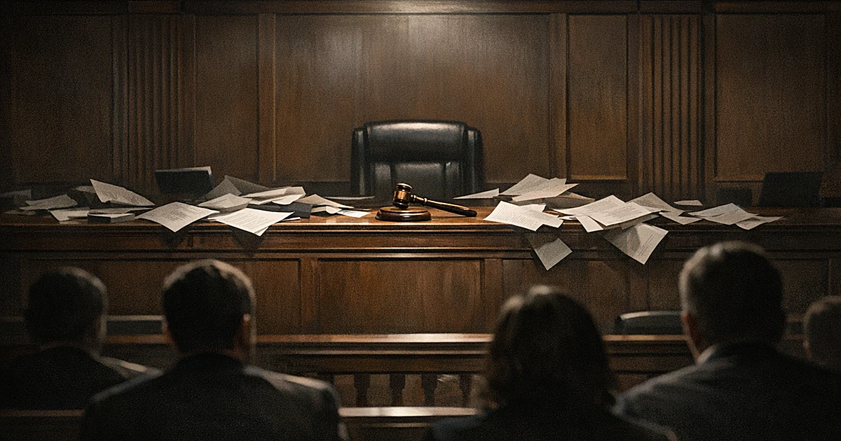 Empty courtroom judge's bench with scattered papers and gavel, viewed from behind silhouetted gallery observers