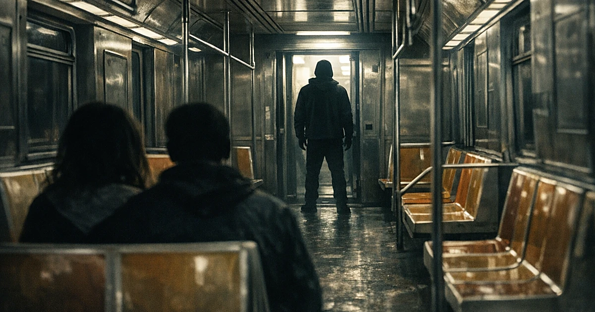 Silhouetted figures in empty subway car, one standing alone in distant doorway, others seated in foreground