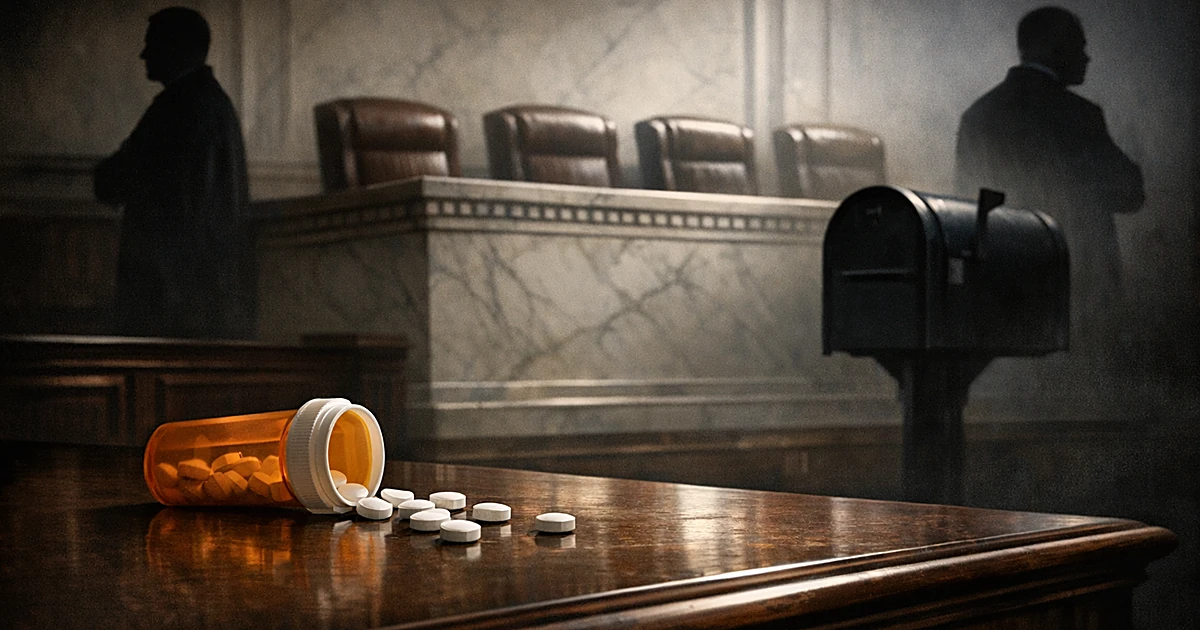 Judicial bench with medication pills and mailbox, two silhouetted figures turned away at edges suggesting division