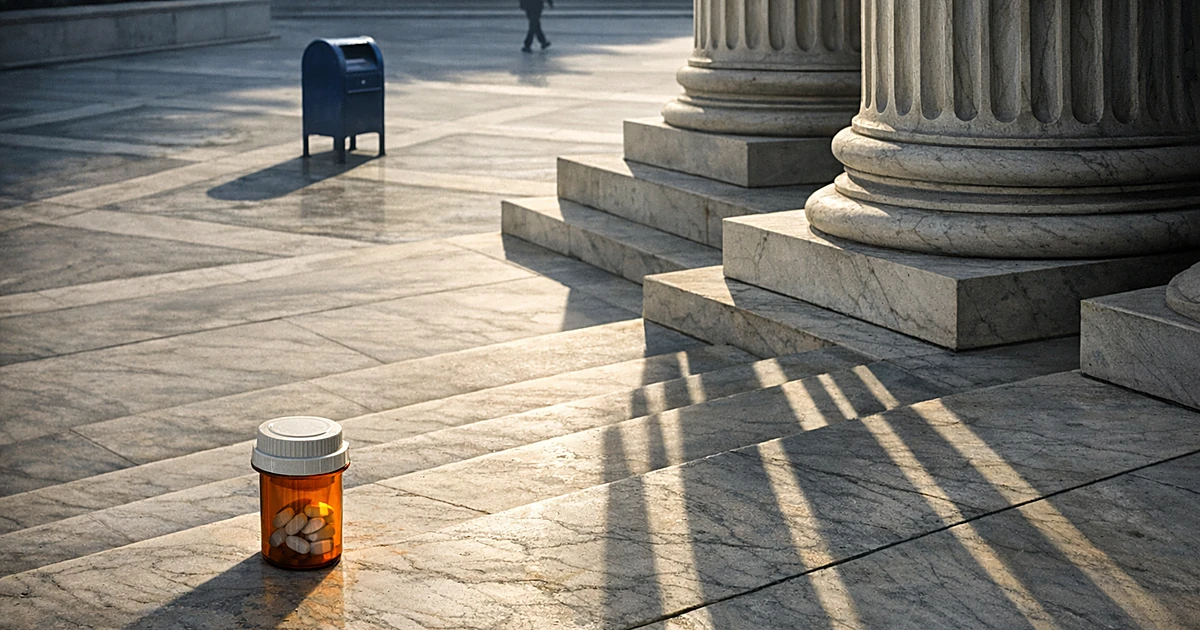 Aerial view of courthouse columns with prescription bottle on steps and mailbox, representing Supreme Court abortion pill rul