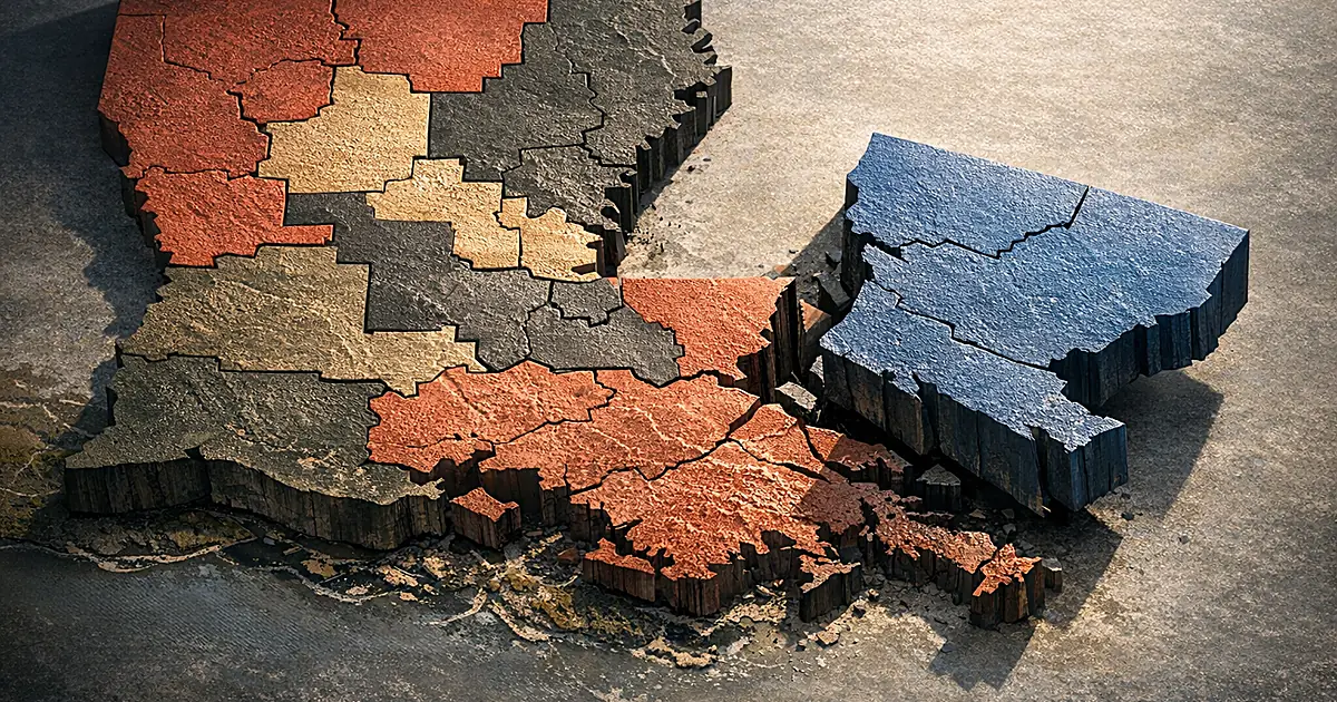 Louisiana state outline divided into congressional districts with one section breaking away, shown from above