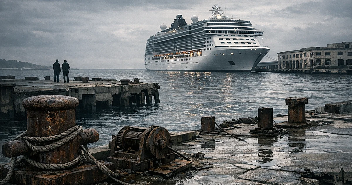 Abandoned dock terminal with rusted equipment in foreground and cruise ship in harbor background