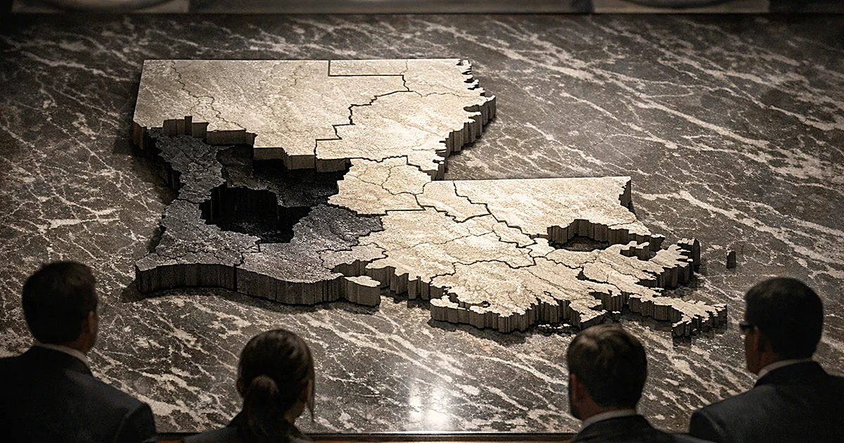 Overhead view of Louisiana map with carved congressional districts, two sections in shadow, silhouettes observing