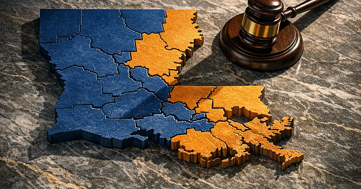 Overhead view of Louisiana relief map divided into congressional districts with gavel casting shadow across boundaries