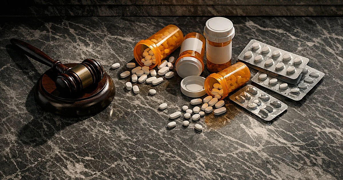Overhead view of gavel and prescription pill bottles scattered across marble judicial bench with dramatic lighting