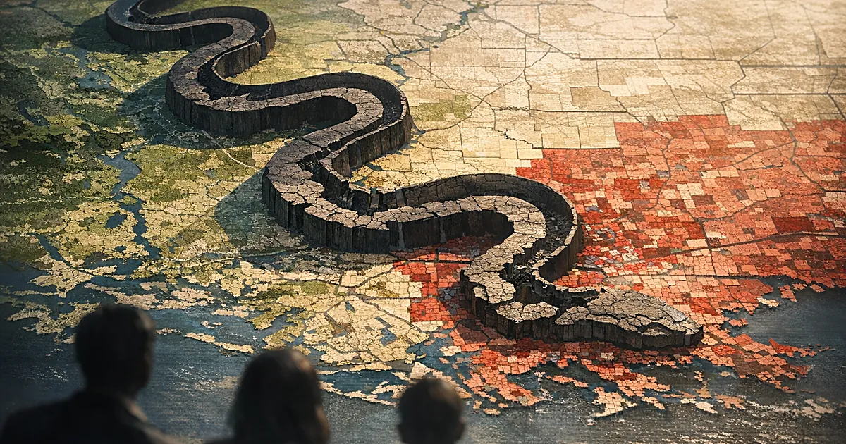 Overhead view of a serpentine shape cutting through a topographical map representing a congressional district