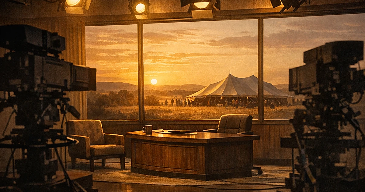 Empty television studio with cameras facing desk, tent visible through windows on distant plains at sunset