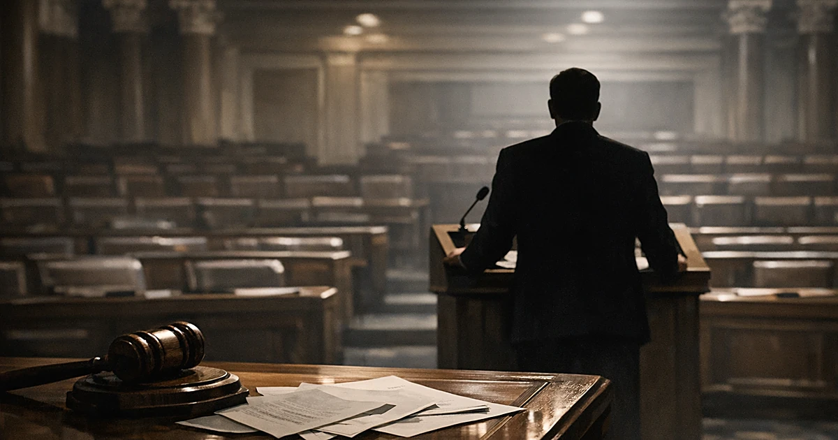 Silhouetted figure at podium in empty congressional chamber with rows of desks and dramatic lighting