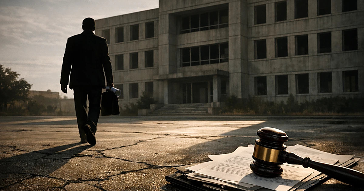 Silhouetted person leaving institutional building with legal gavel on documents in foreground