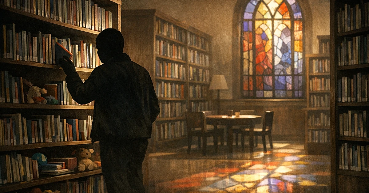 Silhouetted person reaching for books on shelves in a church library with stained glass window light