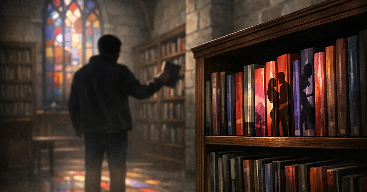 Silhouetted person reaching for books on library shelf inside a church with stained glass window light