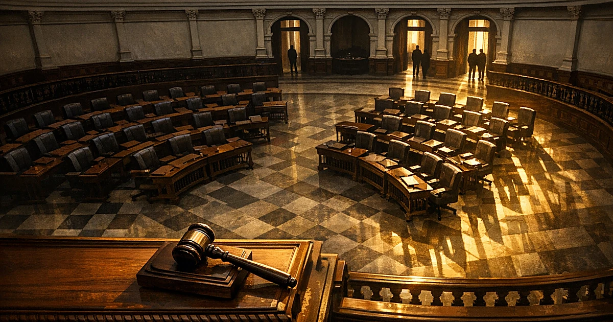 Empty legislative chamber seats with shadows, gavel on desk, silhouettes in doorways of capitol building interior