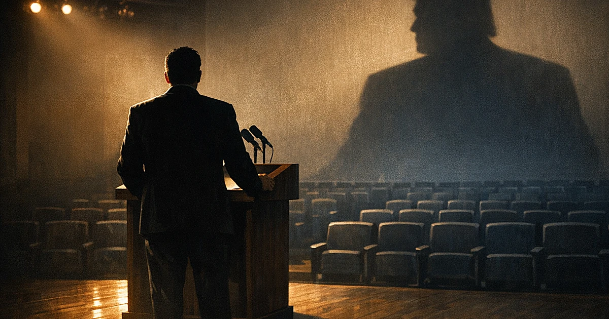 Silhouetted figure at podium facing empty auditorium seats with dramatic shadows suggesting political pressure