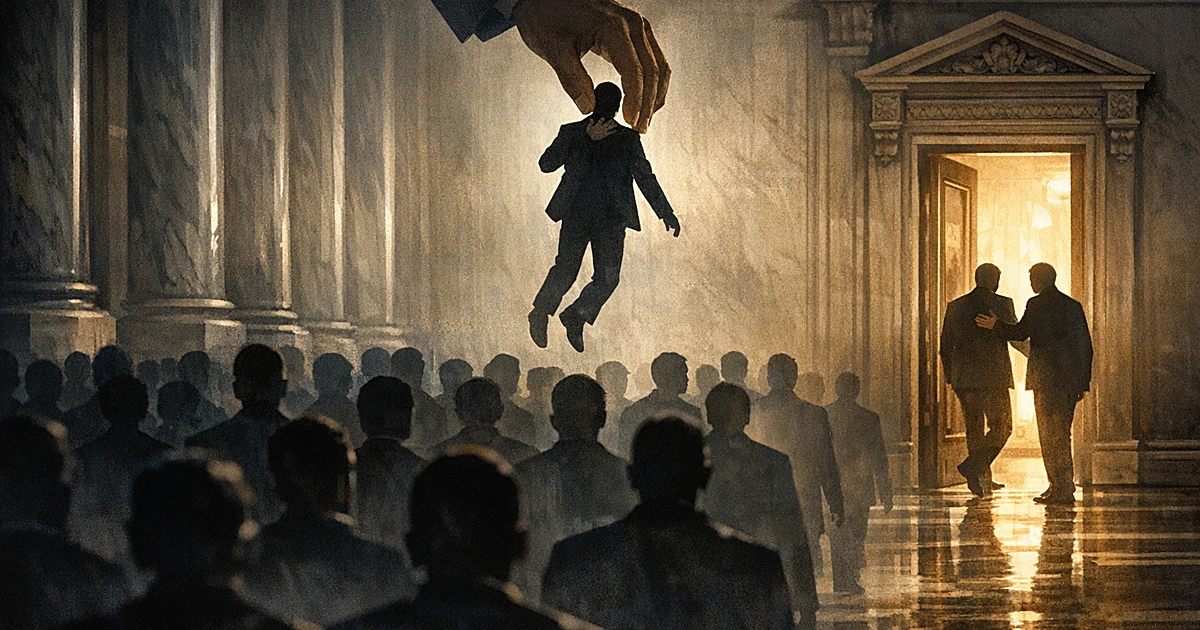 Hand selecting one silhouette from crowd while directing another toward doorway in columned government interior