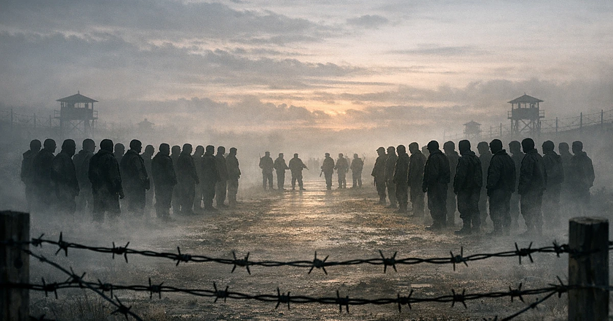 Silhouetted groups face each other across misty ground with barbed wire, suggesting a prisoner exchange