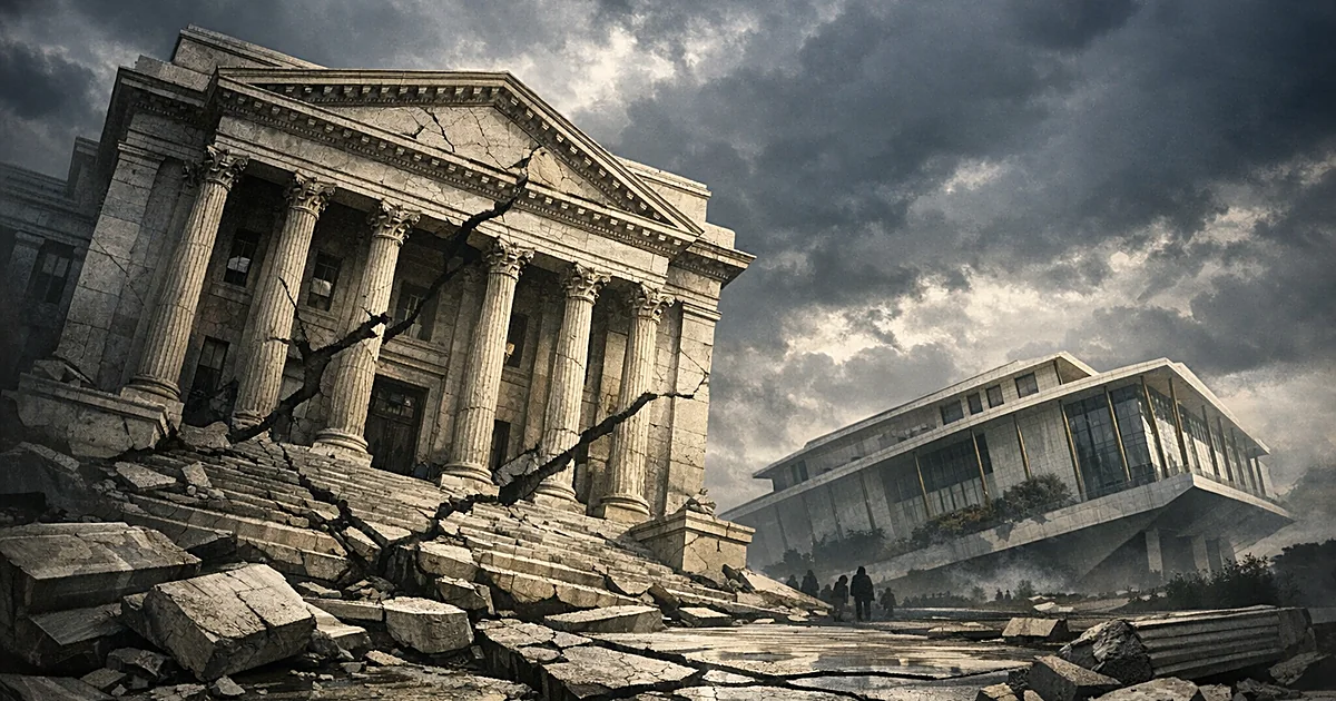 Tilted courthouse and concert hall buildings with cracked foundations under stormy skies, representing judicial conflict