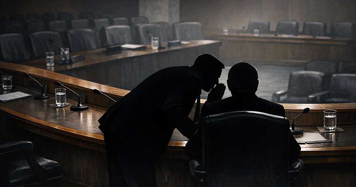 Senate hearing room with silhouetted staffer leaning toward seated chairman figure at committee bench