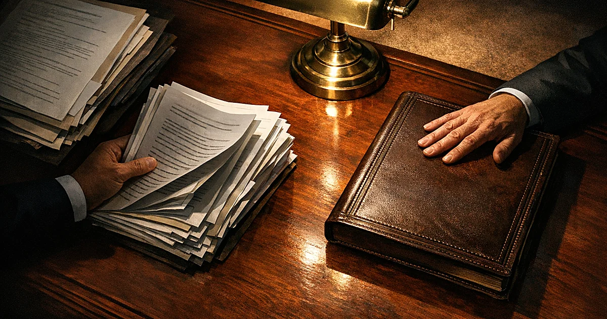 Hands exchanging legal documents and ledger on desk under dramatic lamp lighting