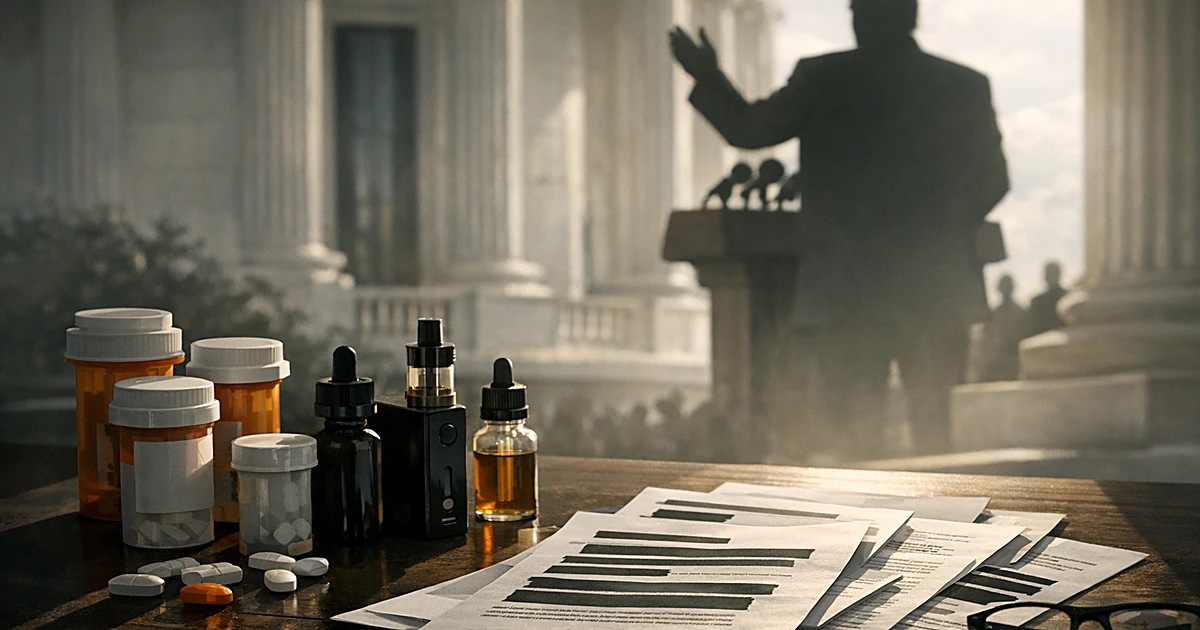 Silhouetted figure at podium with pharmaceutical bottles and vaping devices in foreground outside columned building