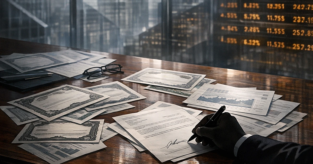 Overhead view of business desk with financial documents and stock certificates being signed by silhouetted hand