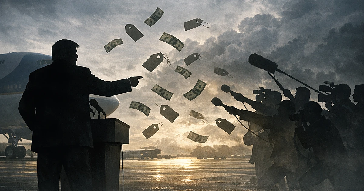 Silhouetted figure at podium gestures toward reporters with aircraft behind as currency symbols swirl in the air