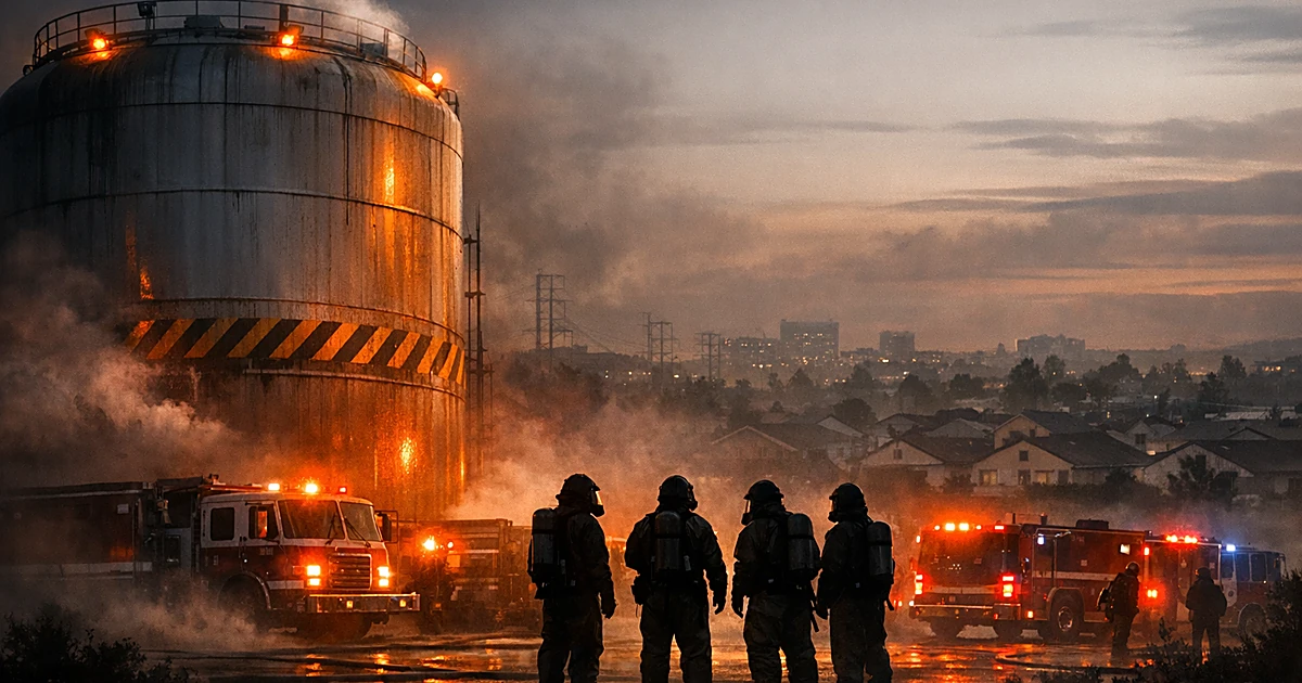 Industrial chemical tank with hazmat personnel silhouettes and suburban neighborhood in background under emergency lighting