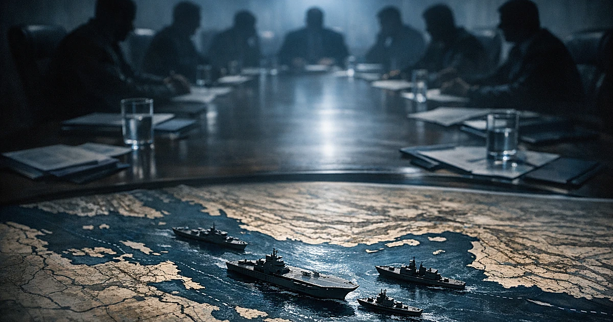 Silhouetted figures around conference table with nautical map showing Strait of Hormuz and naval vessel models