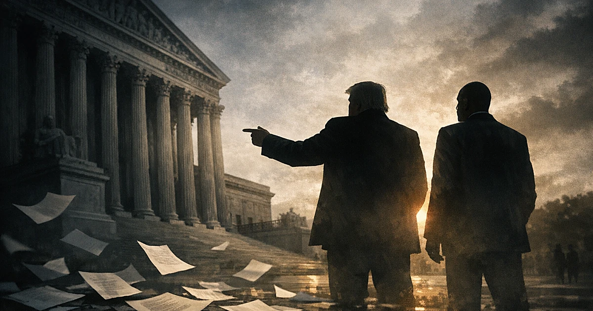 Silhouetted figures facing Supreme Court building with scattered documents, depicting political tension