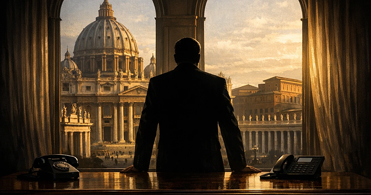 Silhouetted diplomat at desk with Vatican dome visible through windows, two separated phones suggesting diplomatic tension