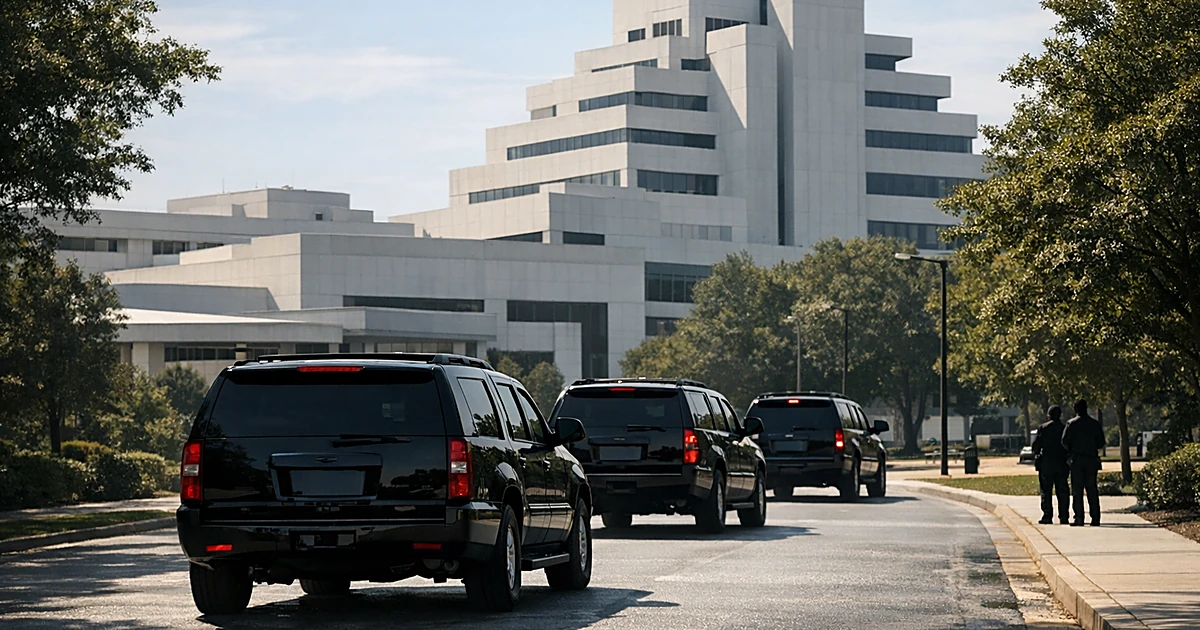 Presidential motorcade departing from military medical center on a sunny day, vehicles shown from behind