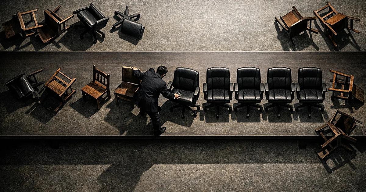 Overhead view of chairs being removed and replaced at a long table, some toppled, suggesting political displacement