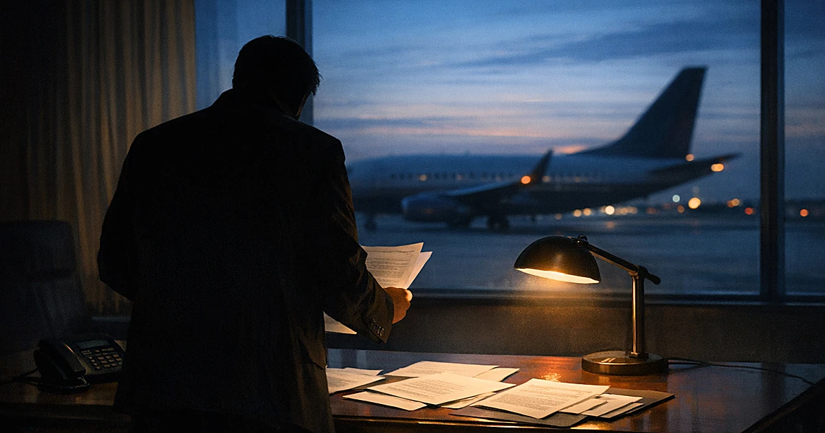 Silhouetted figure reviewing documents at desk with airplane visible through window at dusk
