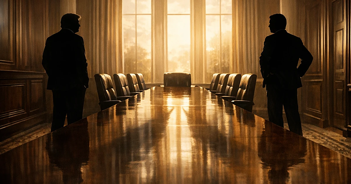Two silhouetted figures at opposite ends of conference table with shadows meeting in the middle