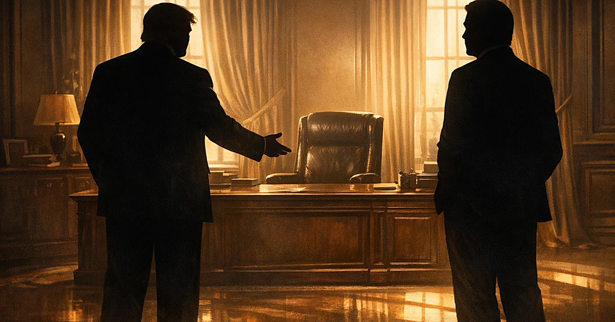 Silhouetted figures in office, one gesturing toward empty chair behind desk in warm light