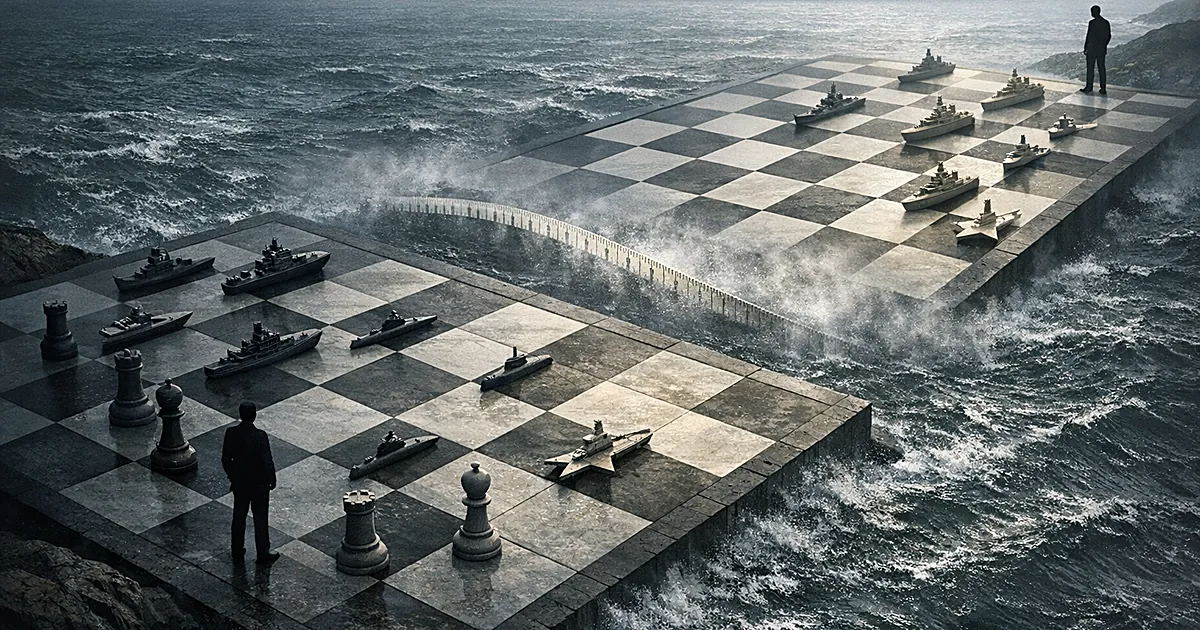 Chess board over ocean with silhouetted figures on opposite shores, military vessels as pieces, measuring distance