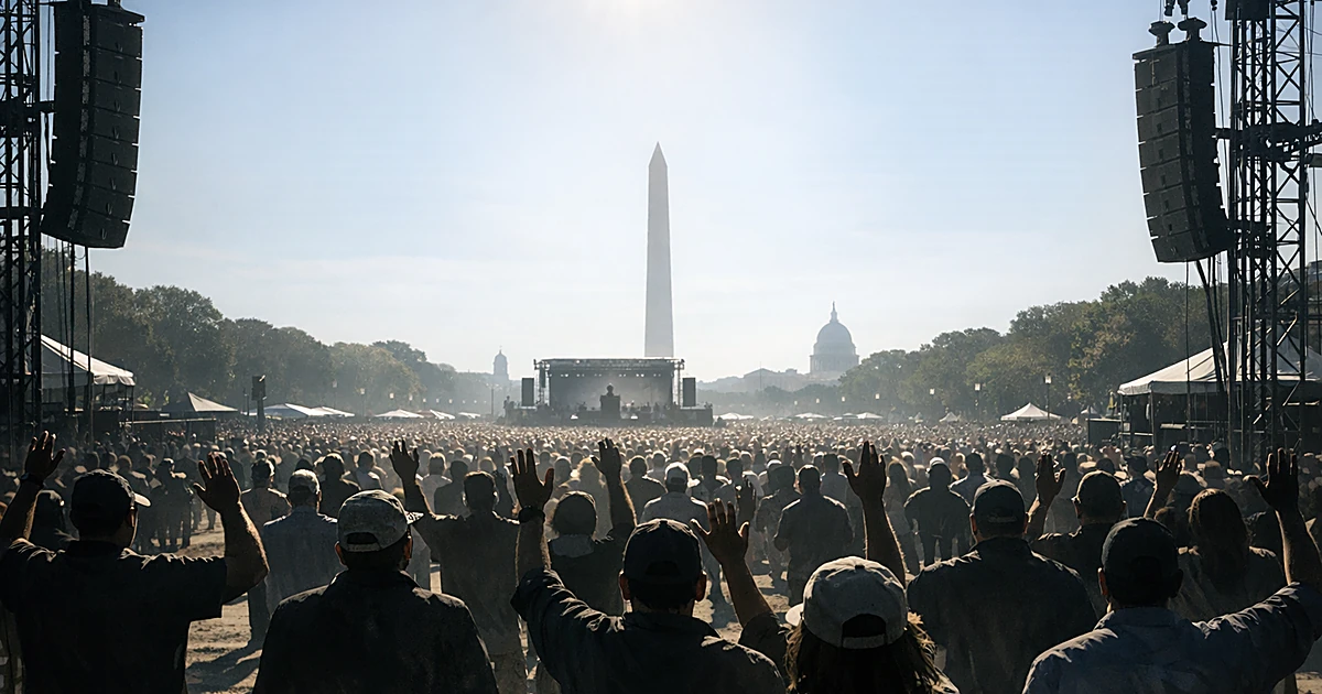 Silhouetted crowd with raised arms at outdoor prayer gathering on mall under bright sun with stage equipment