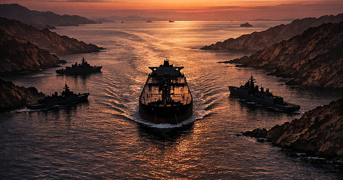 Aerial view of oil tanker navigating narrow strait with military vessels positioned along rocky coastlines at dusk