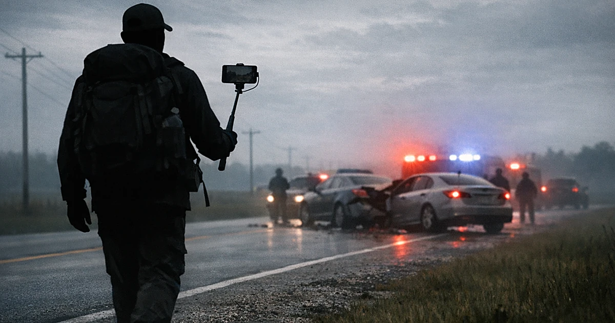Silhouetted walker on highway shoulder with crashed vehicles in background and emergency lights glowing