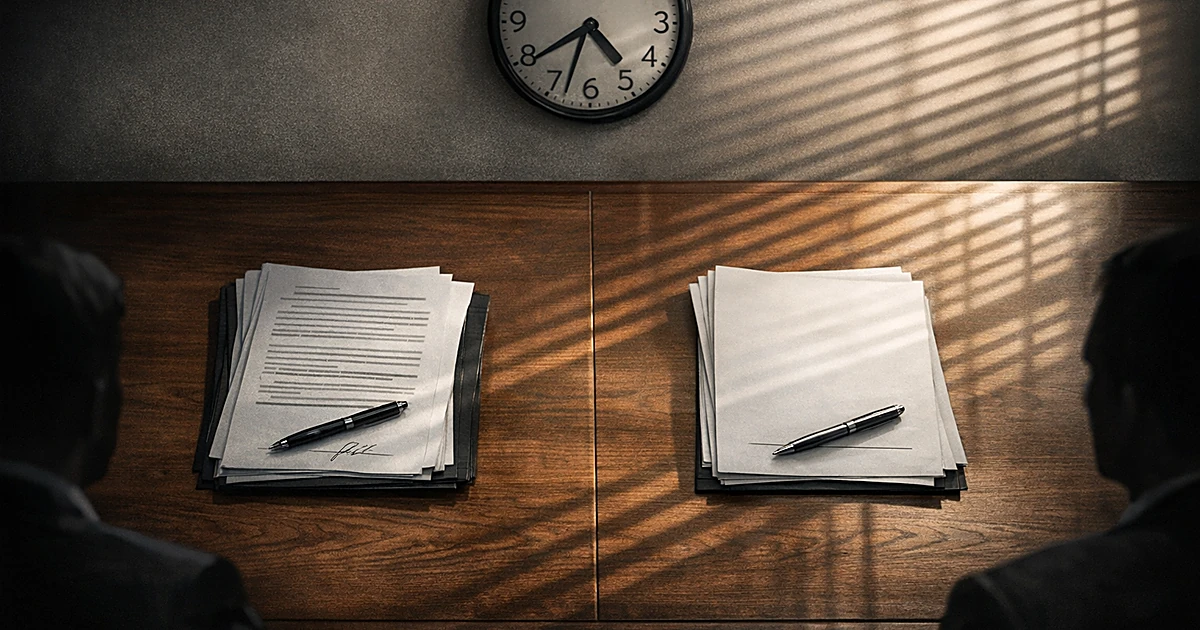 Overhead view of negotiation table with unsigned documents on opposite sides, afternoon light casting shadows