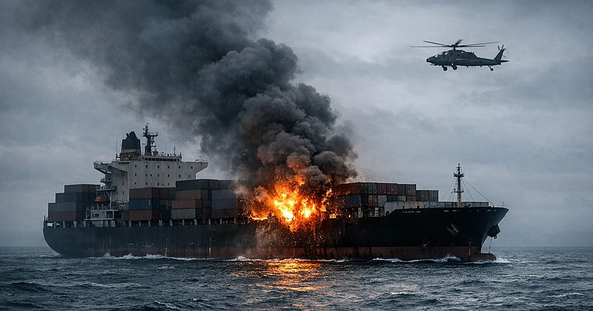 Cargo ship with smoke from damaged engine room in ocean waters with military helicopter in distance