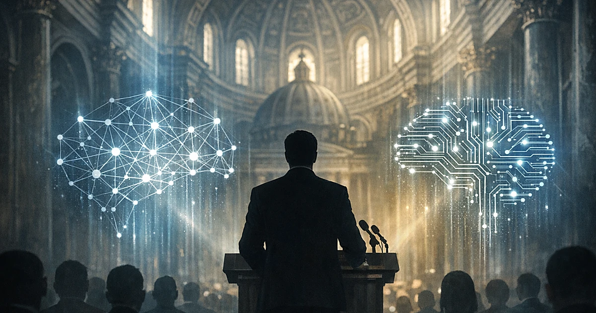 Silhouetted figure at podium facing ornate interior with floating holographic AI neural network projections