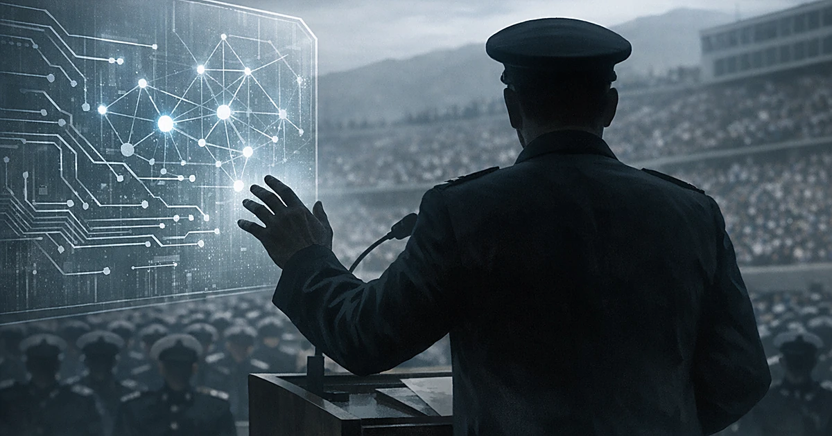 Silhouetted officer at podium with holographic AI display, facing rows of seated military graduates in stadium