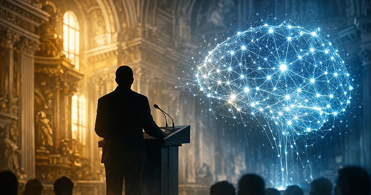 Silhouetted speaker at podium in baroque hall with glowing holographic neural network beside them