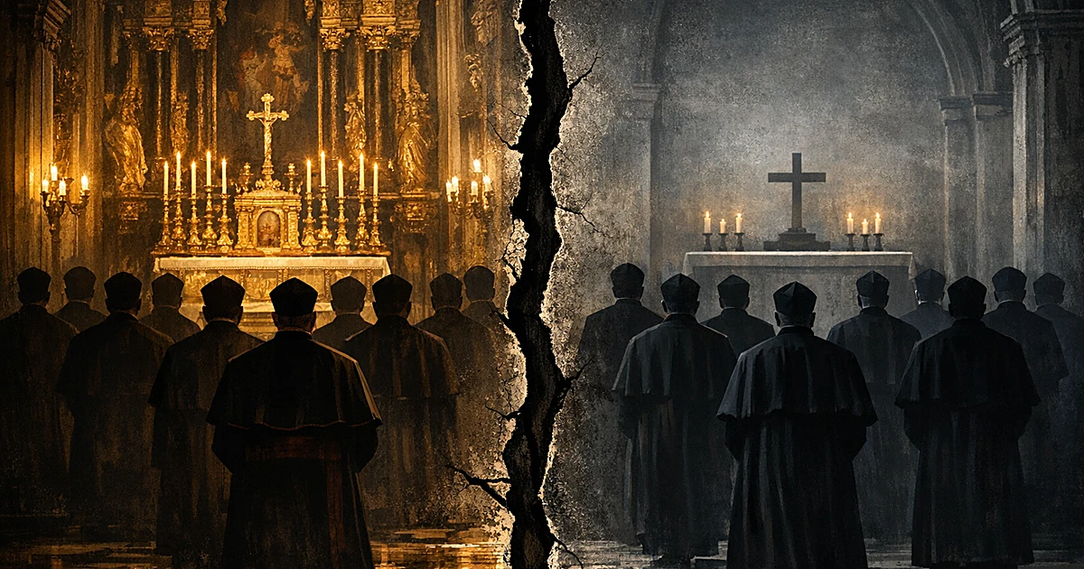 Split cathedral interior with crack dividing two groups of robed silhouettes facing opposite altars