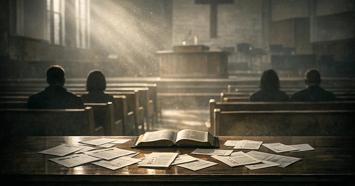 Church interior with empty pews and voting documents scattered on communion table, lit by dramatic window light