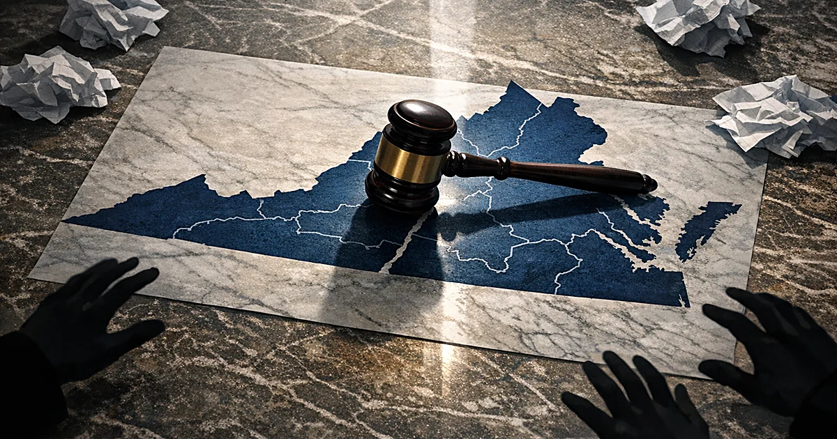 A gavel rests across a Virginia map with congressional districts, surrounded by reaching silhouetted hands